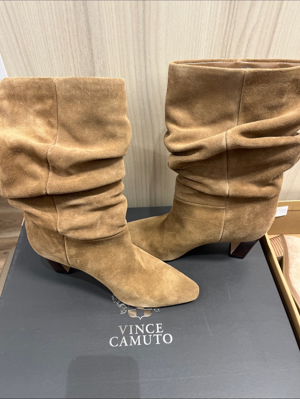 Vince Camuto Slouch Suede Mid-Calf Boots in Camel Brown